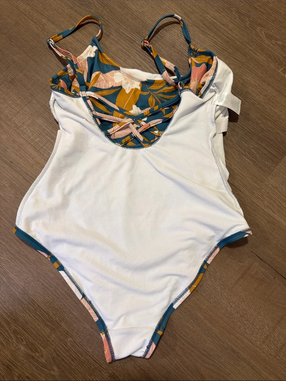 Kona Sol Botanical Floral Criss Cross One Piece Swimsuit Teal Pink Medium